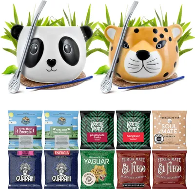 Produktbild von Cebador - Yerba Mate Tee Set Für Zwei Personen - 10x 50g Proben - 2x Keramik Becher Panda, Yaguar Gatito - Bombilla, Zubehör - Starter Set Vielfalt