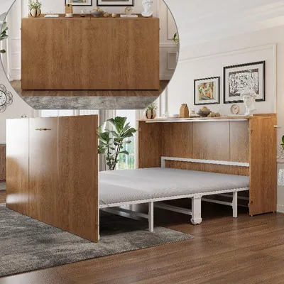 Obrázek produktu pro Sklopná postel 140x200 cm, která se dá využít jako rozkládací skříňová postel, s lněnou matrací, kovovou konstrukcí a tichými kolečky, úsporné řešení pro hosty v malých prostorách