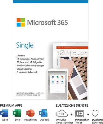 Produktbild von Microsoft ® O365 Personal Mac/Win German Subscription P6 EuroZone 1 License Medialess 1 Year, Office-Paket, Voll, 1 Lizenz(en), 1 Jahr(e), Abonnement, Deutsch