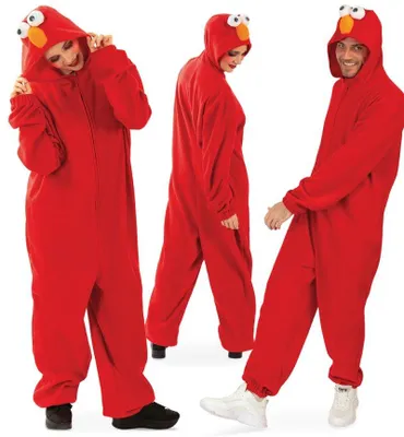 Three people wearing red Elmo costumes, shown from different angles.