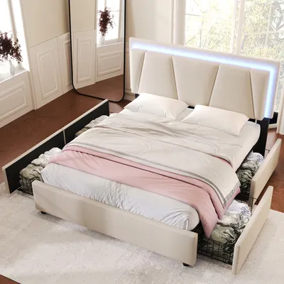 A beige upholstered bed with storage drawers and an LED-lit headboard is shown in a bedroom setting.