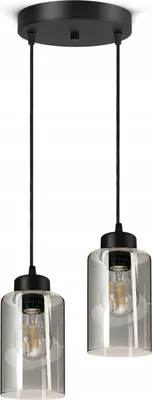 A black pendant light fixture with two glass shades.