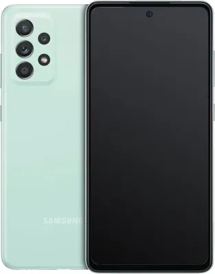A Samsung Galaxy A52s 5G smartphone is shown from the back and front.