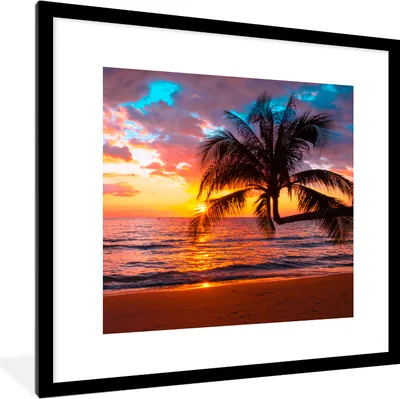 Produktbild von MuchoWow® Gerahmtes Poster Palme - Sonnenuntergang - Strand - Meer - Horizont 40x40 cm - Poster mit Schwarzem Bilderrahmen Wandposter Rahmen Foto Bilder - Poster - Plakat im Rahmen