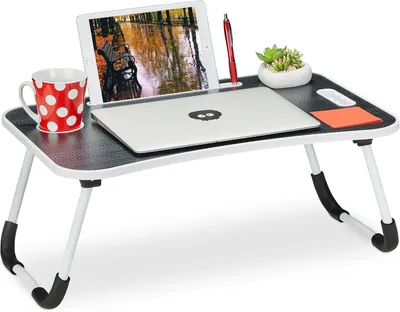 Immagine prodotto di Tavolino per laptop da usare a letto o sul divano - 26 x 63 x 40 cm - Tavolino pieghevole con supporto per tablet - Nero - Bianco