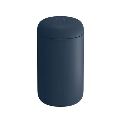 A navy blue insulated mug is shown against a white background.