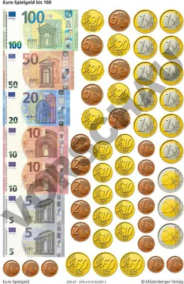 A collection of Euro banknotes and coins, presented as play money.
