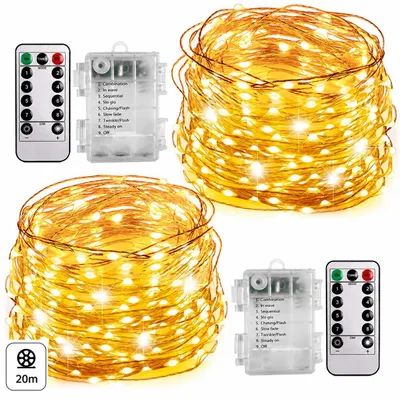 Image de 2 guirlandes lumineuses LED de 20 m, 200 LED, blanc chaud, 8 modes, télécommande, E007