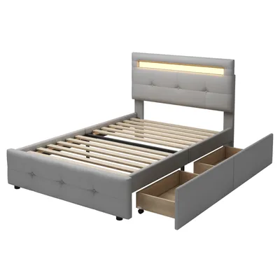 Produktbild von Fortuna Lai Polsterbett Einzelbett mit 2 Schublade und LED, Bett mit Lattenrost und Rückenlehne, Samtstoff, Kinderbett Jugendbett Gästebett, Schlafzimmermöbel, ohne Matratze, 90 x 200 cm, Grau