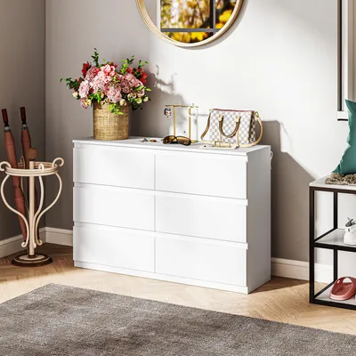 Produktbild von Komode mit 6 Schubladen, grifflos minimalistisch, Sideboard Schlafzimmer, Weiß | 112 x 34 x 75 cm | Spanplatte Melamin | Anti-Kipp-Sicherung