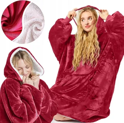 Produktbild von Decke mit Ärmeln Auszeichnung - 2 in 1 - Hoodie Decke mit Ärmeln - Einheitsgröße - Perfekt für Wintertage - Kuscheldecke Flauschig - Rot