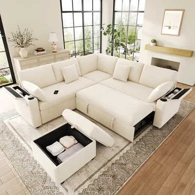 Produktbild von STILVORA Ecksofa mit Schlaffunktion, Schlafsofa mit Stauraum-Hocker und USB/Type-C, Wohnlandschaft mit Getränkehalter, Chenille, Beige
