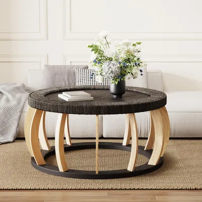 Produktbild von Vintage runder Couchtisch aus Massivholz mit Rattan, geschwungene Beine, Boho-Akzenttisch für Esszimmer, Küche und Wohnzimmer, braun