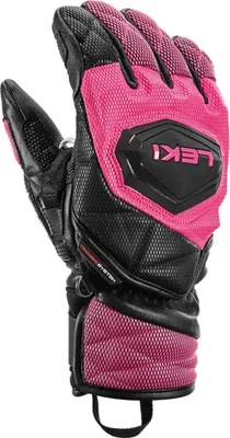 A single pink and black ski glove is shown against a white background.