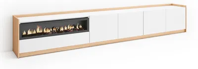 Produktbild von TV-Schrank, Lowboard, 310x37x50cm, Für TV-Geräte bis zu 80", Elektrokamin., Weiß und Eiche Soft