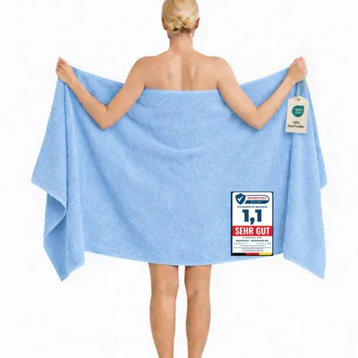 Produktbild von Komfortec Badetuch 100x200 cm aus 100% Baumwolle, Saunatuch XXL, Weich, Groß, Frottee, Schnelltrocknend, Hellblau