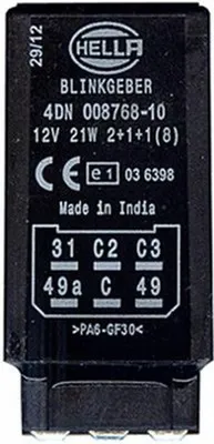 A black electronic blinker relay with white text and markings.