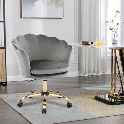 Produktbild von Samt-Bürostuhl – Moderner Drehstuhl mit goldenen Akzenten und Rollen, geeignet für Schlafzimmer oder Büro