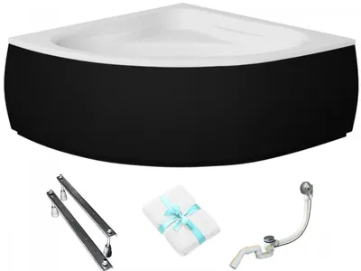 Produktbild von Aqua For You | Besco Eckbadewanne Mia - 140x140 Cm - Antibakterielle Beschichtung - Schwarzes Gehäuse - Siphon Chrom - Acryl - mit Beinen