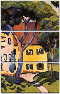 Produktbild von Leinwandbild 3-teilig (80x120cm): August Macke - Staudacherhaus Tegernsee, echter Holz-Keilrahmen inkl. Aufhänger, handgefertigt in Deutschland