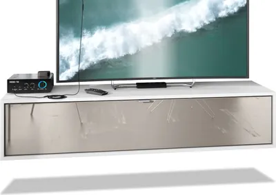Produktbild von Vladon TV Board Lana 140 Hängeschrank Lowboard 140 x 29 x 37 cm,  Germany, Korpus in Weiß matt, Fronten in Sandgrau Hochglanz | Große Farbauswahl