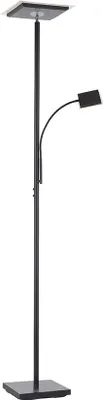 A black floor lamp with a square base and a square top light, and a smaller adjustable reading light extending from the pole.