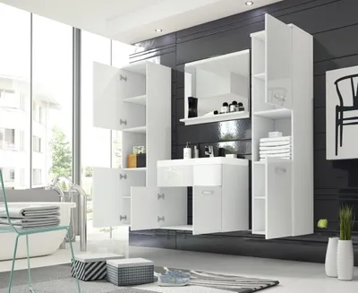 Produktbild von Minio, Badezimmer, Badmöbel, 4-Teilig Set "MONAL", mit Waschbecken, Weiss Matt / Weiss Glanz
