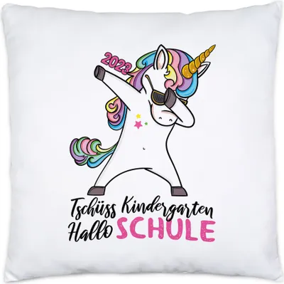 Produktbild von Tschüss Kindergarten Hallo Schule 2023 Kissen Inkl. Füllung Einschulungsgeschenk Einhorn Unicorn Fans