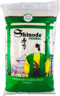 A bag of Shinode Premium Sushi Rice with an illustration of a samurai and traditional Japanese architecture.