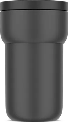 A dark gray, cylindrical travel mug with a lid.