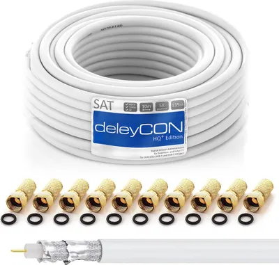 Produktbild von deleyCON HQ+ 10m SAT Koaxial Kabel 135dB - 5-Fach geschirmt für DVB-S - S2 DVB-T und DVB-C - 4K 1080p Full HD HDTV - inkl. 10x vergoldete F-Stecker