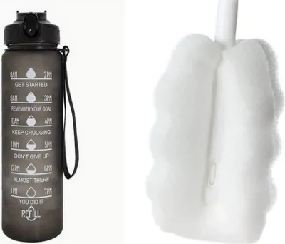 Produktbild von Sport Trinkflasche 1L mit Motivations-Skala und integriertem Strohhalm – Trinken ohne Absetzen, für Sport & Alltag (Schwarz + Reinigungsbürste)