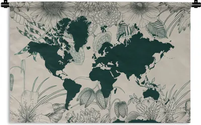 Produktbild von MuchoWow® Wandteppich Wandbehang Weltkarte - Blumen - Pflanzen 150x100 cm Tapisserie Dekoration Wandtuch - Waschbar - Tapisserien - Wand-Decke