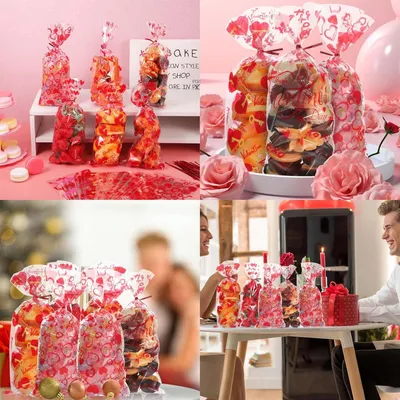 Productafbeelding van Transparante koekjeszakjes - 120 stuks, zakjes voor snoep en kleine cadeautjes, rood Valentijnthema, zelfsluitend, herbruikbaar - voor traktaties en snacks