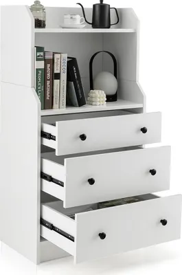 Zdjęcie produktu dla Nowoczesna komoda z 2 otwartymi półkami i 3 wysuwanymi szufladami, wysoka szafka nocna z zabezpieczeniem przed przewróceniem, 58 x 36 x 111 cm, biała