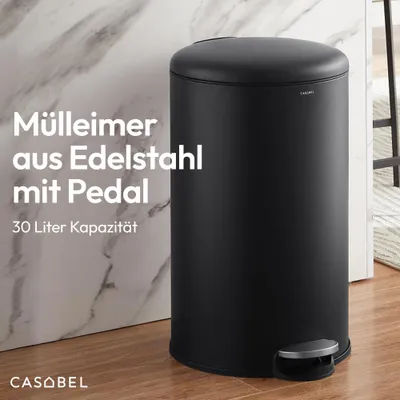 Produktbild von CASABEL Mülleimer Küche 30L, 100% Edelstahl, Resistent gegen Fingerabdrücke, Runder Treteimer mit Fußpedal, Abfalleimer mit Deckel für Bad, Küche, Büro, Schwarz