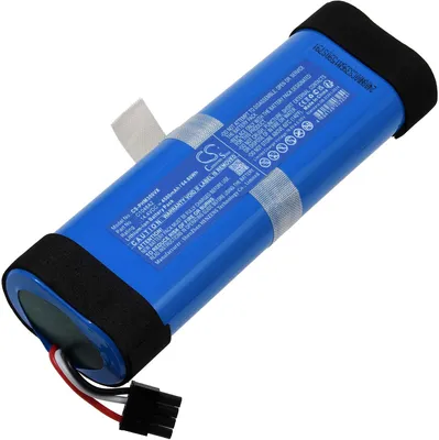 A blue cylindrical battery pack with black end caps and a black connector with wires.