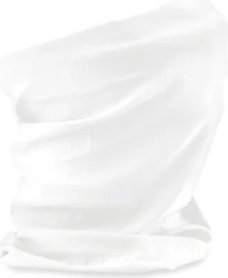A white fabric scarf or neck gaiter is shown against a white background.