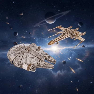 Produktbild von Star Wars X-Wing und Millennium Falcon Set aus Holz