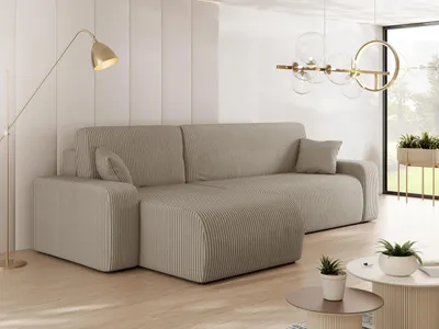 Produktbild von MIRJAN24 Ecksofa Piano L Cord, Wohnzimmer Eckcouch mit Bettkasten und Schlaffunktion, Schwarze Füße, Wellenfeder, L-Form (Farbe: Poso 02)