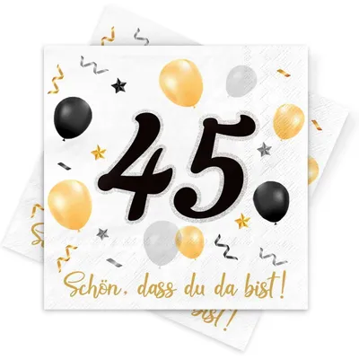 Productafbeelding van Servetten voor 45e verjaardag, 30 stuks, zwart en goud, 3-laags, 33x33 cm