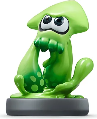 A green amiibo figure of an Inkling squid from the Splatoon video game series, standing on a gray base.