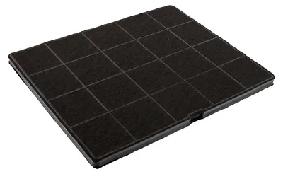 A black charcoal filter for an appliance, shown from a diagonal angle against a white background.