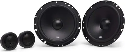 A set of car speakers on a white background.