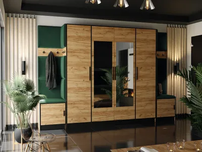 Produktbild von KIER FURNITURE Kleiderschrank, Eiche Craft Golden + Stoff Grün - 312,8x205x39cm