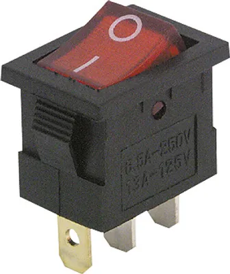 Produktbild von Mini-Wippenschalter McPower, 3-polig, rote Wippe, 250V/6,5A, Stellungen: EIN/AUS