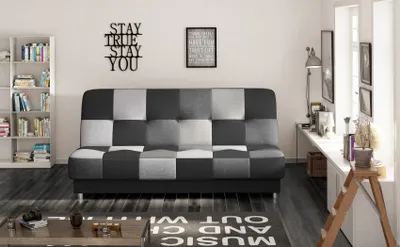 A living room scene featuring a sofa with a checkered pattern, a bookshelf, a rug, and a ladder leaning against a window.