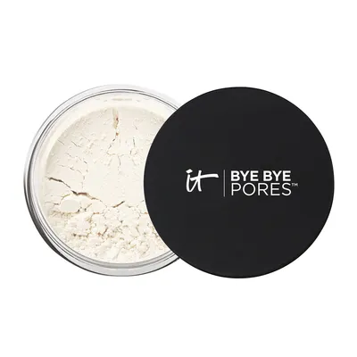 A container of translucent powder with its black lid slightly ajar, showing the powder inside.