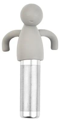 Produktbild von Tee-Ei aus Silikon in Menschenform mit Edelstahlgewebe, niedliches Teesieb für losen Tee, geeignet für Tasse und Teekanne, hitzebeständig, kreatives Geschenk für Teeliebhaber.
