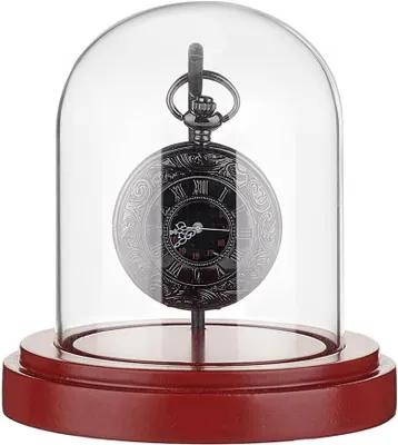 Productafbeelding van Glazen stolp met houten voet en metalen haak voor zakhorloges en medailles, 10,4 cm hoog